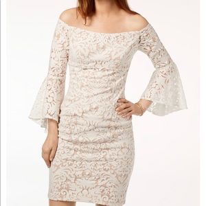 Xscape Off the Shoulder Bell Sleeve Lace Dress